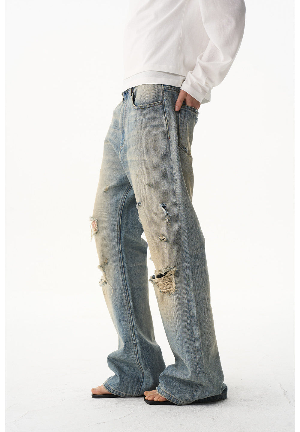 Ripped-hole Relaxed Micro-Flared Jeans