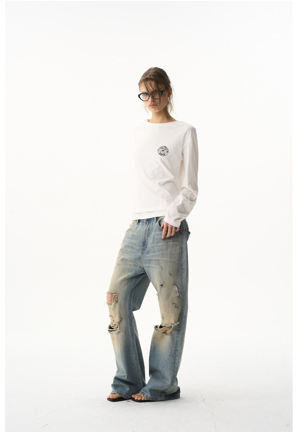 Ripped-hole Relaxed Micro-Flared Jeans