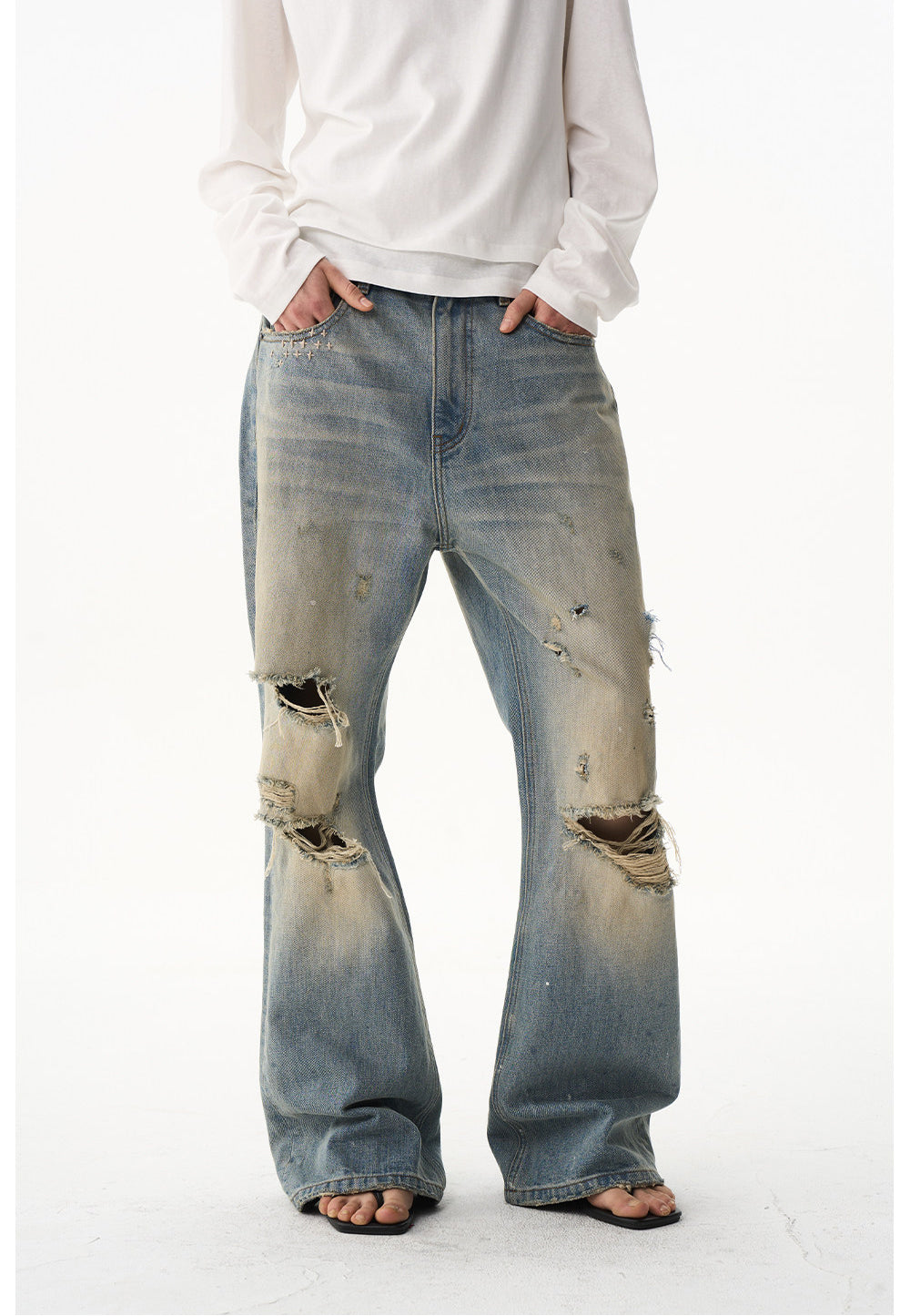 Ripped-hole Relaxed Micro-Flared Jeans