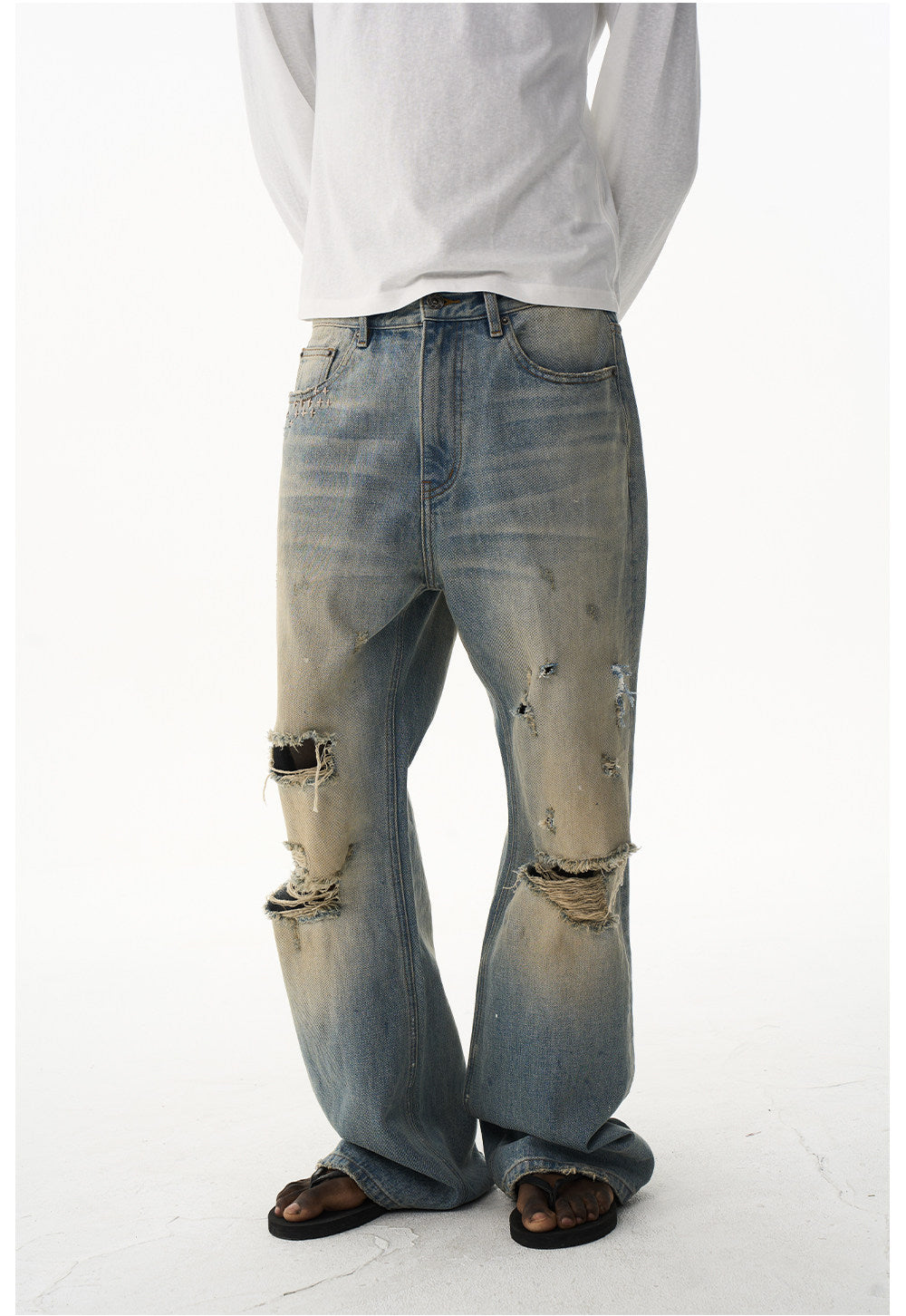 Ripped-hole Relaxed Micro-Flared Jeans