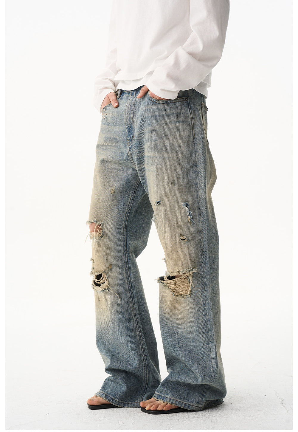 Ripped-hole Relaxed Micro-Flared Jeans