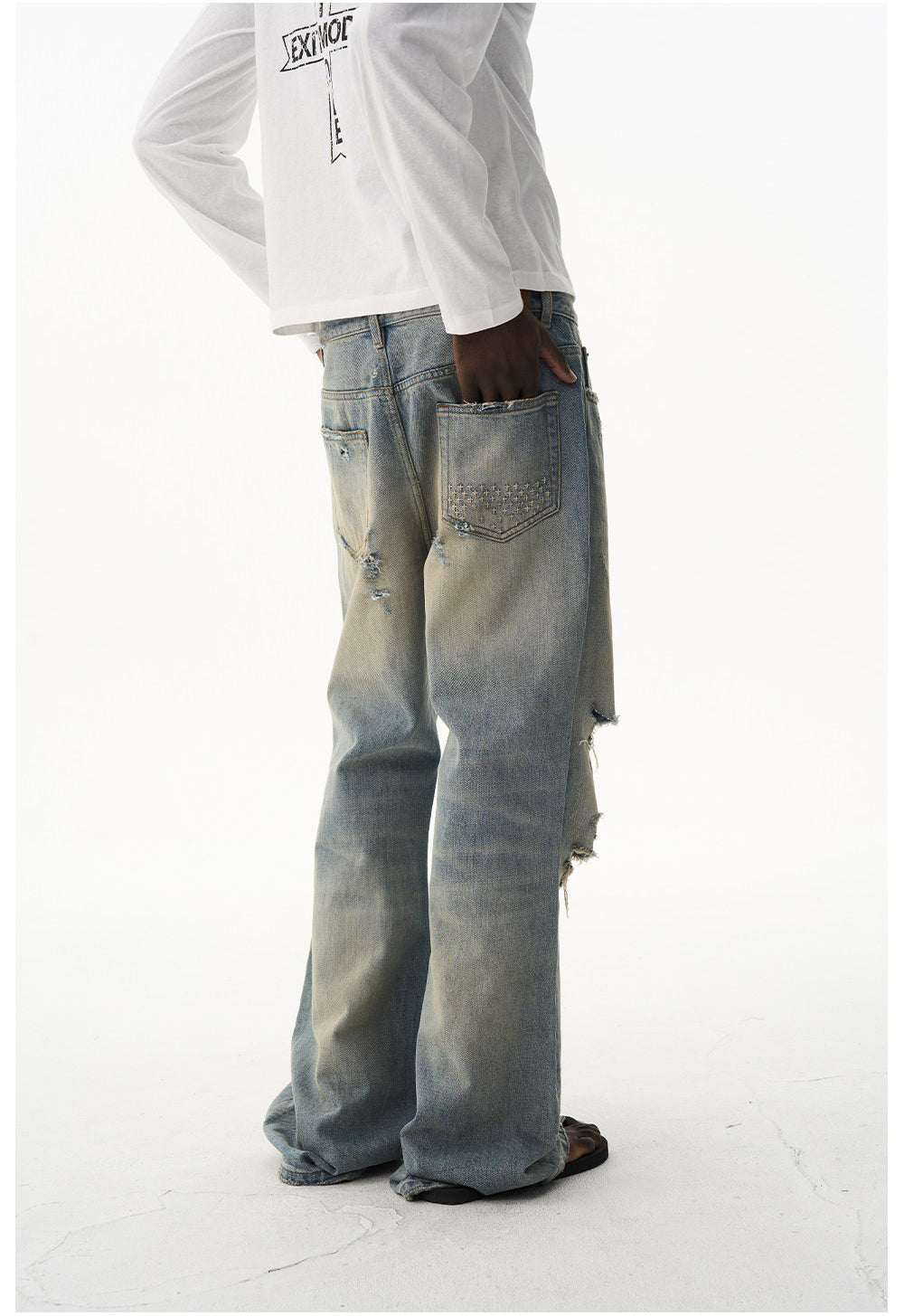 Ripped-hole Relaxed Micro-Flared Jeans