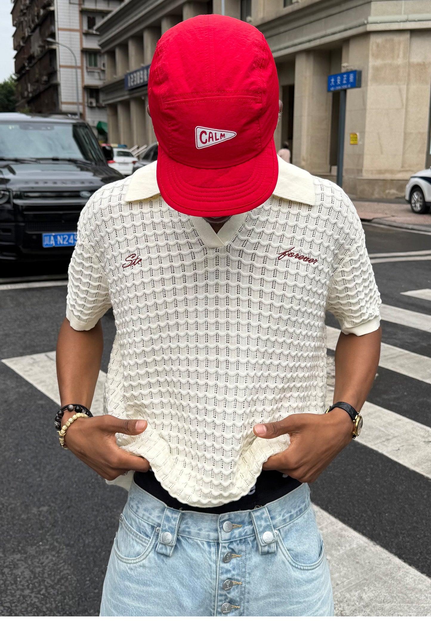 Embroidered Jacquard V-Neck Polo Shirt