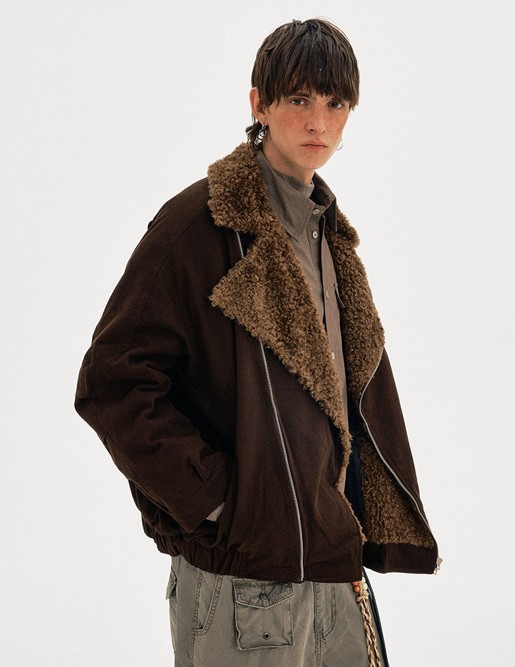 Diagonal Zipper Lambswool Collar Cotton Jacket