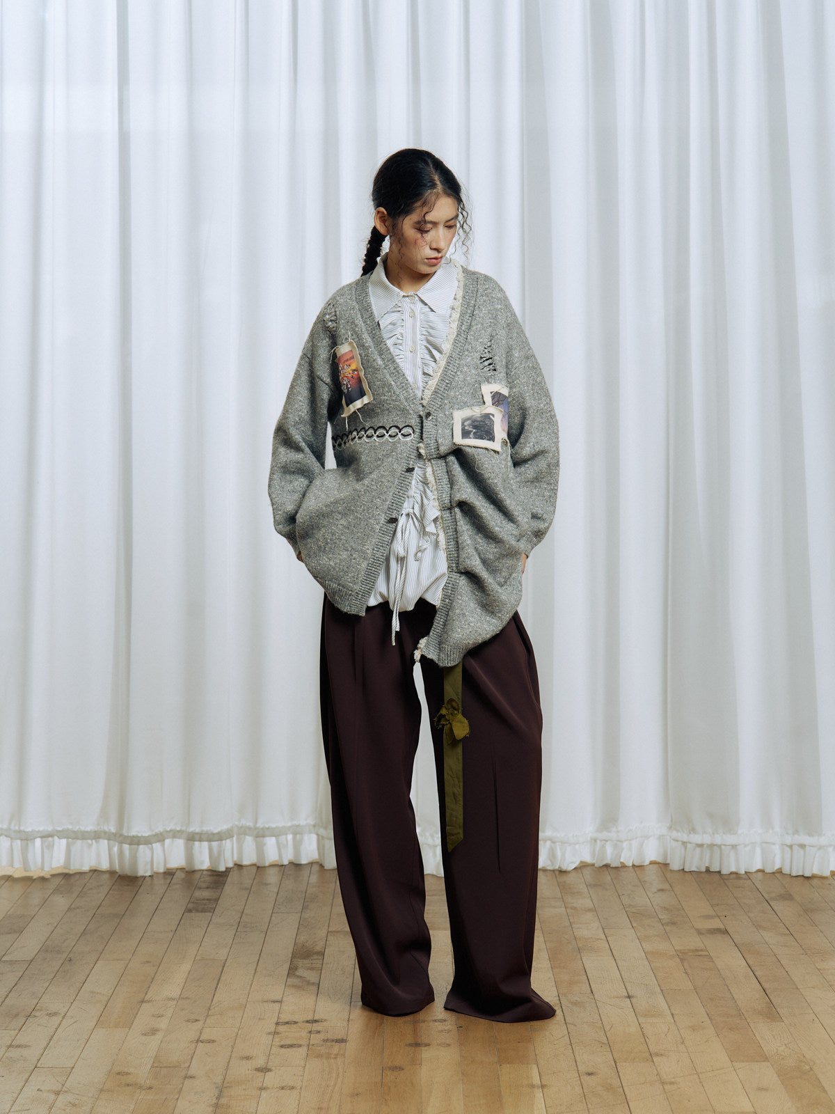 Pleated Design Blend Knit Cardigan
