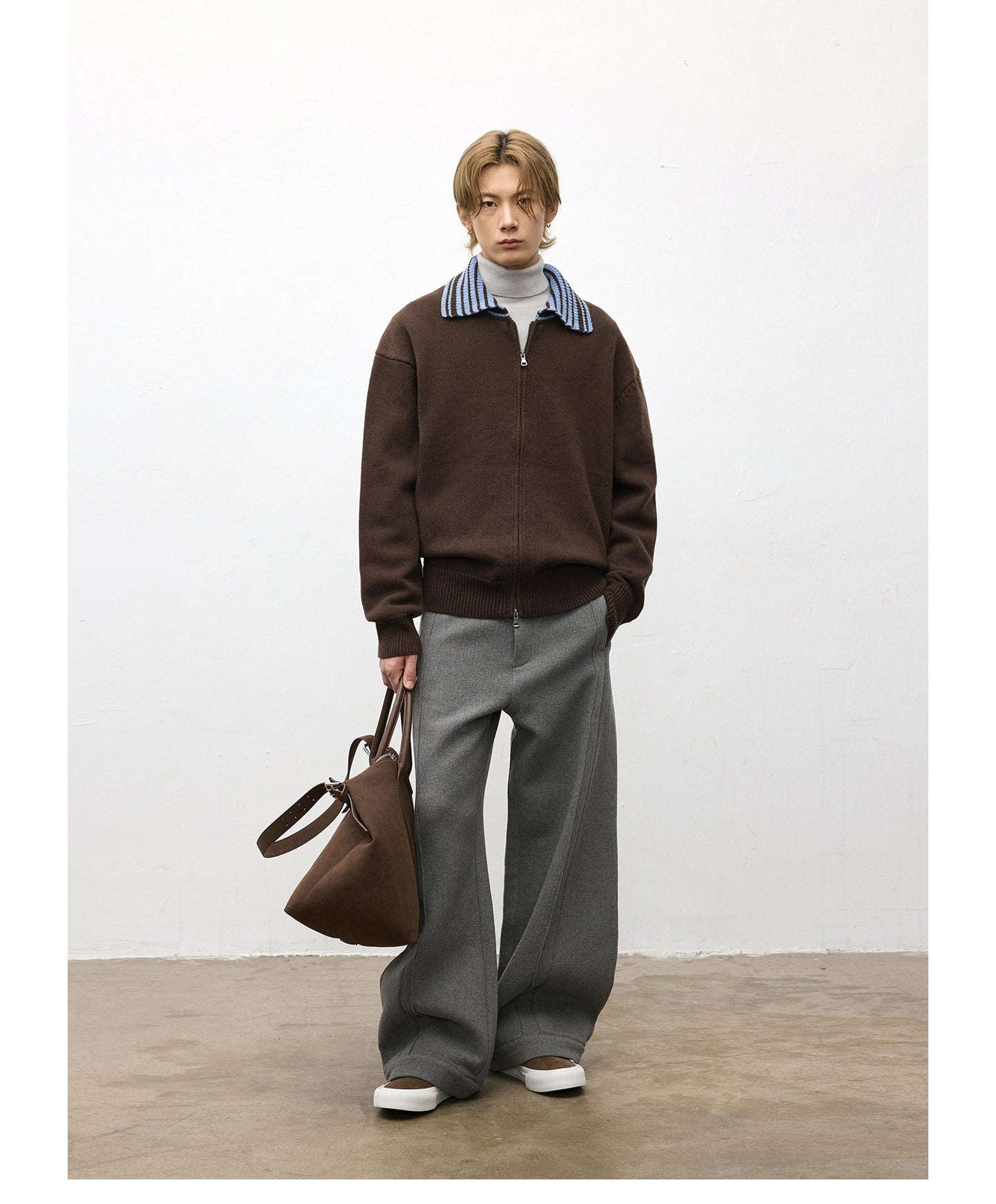 Color Block Lapel Zipper Sweater