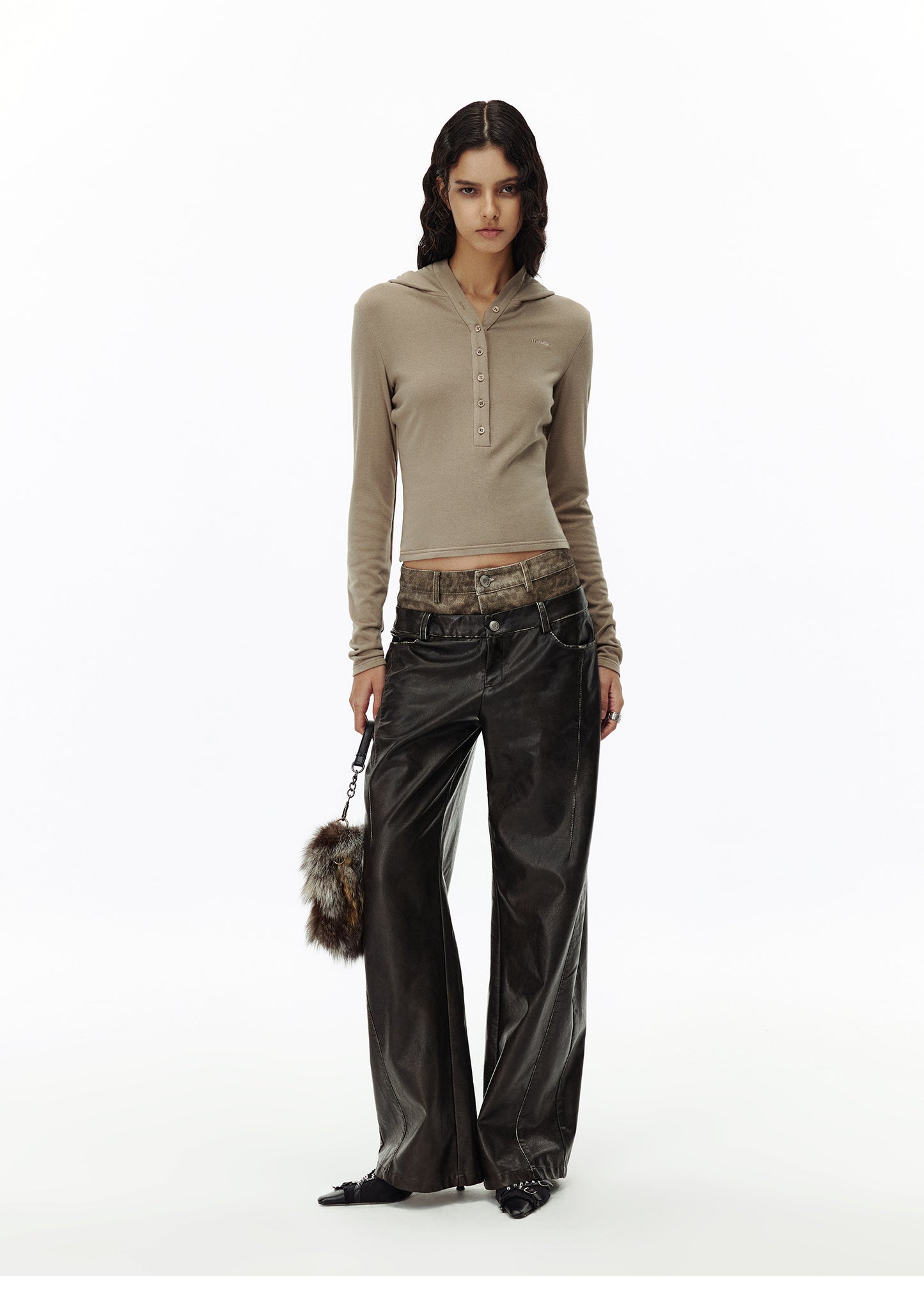 Leopard-print waistband PU straight pants