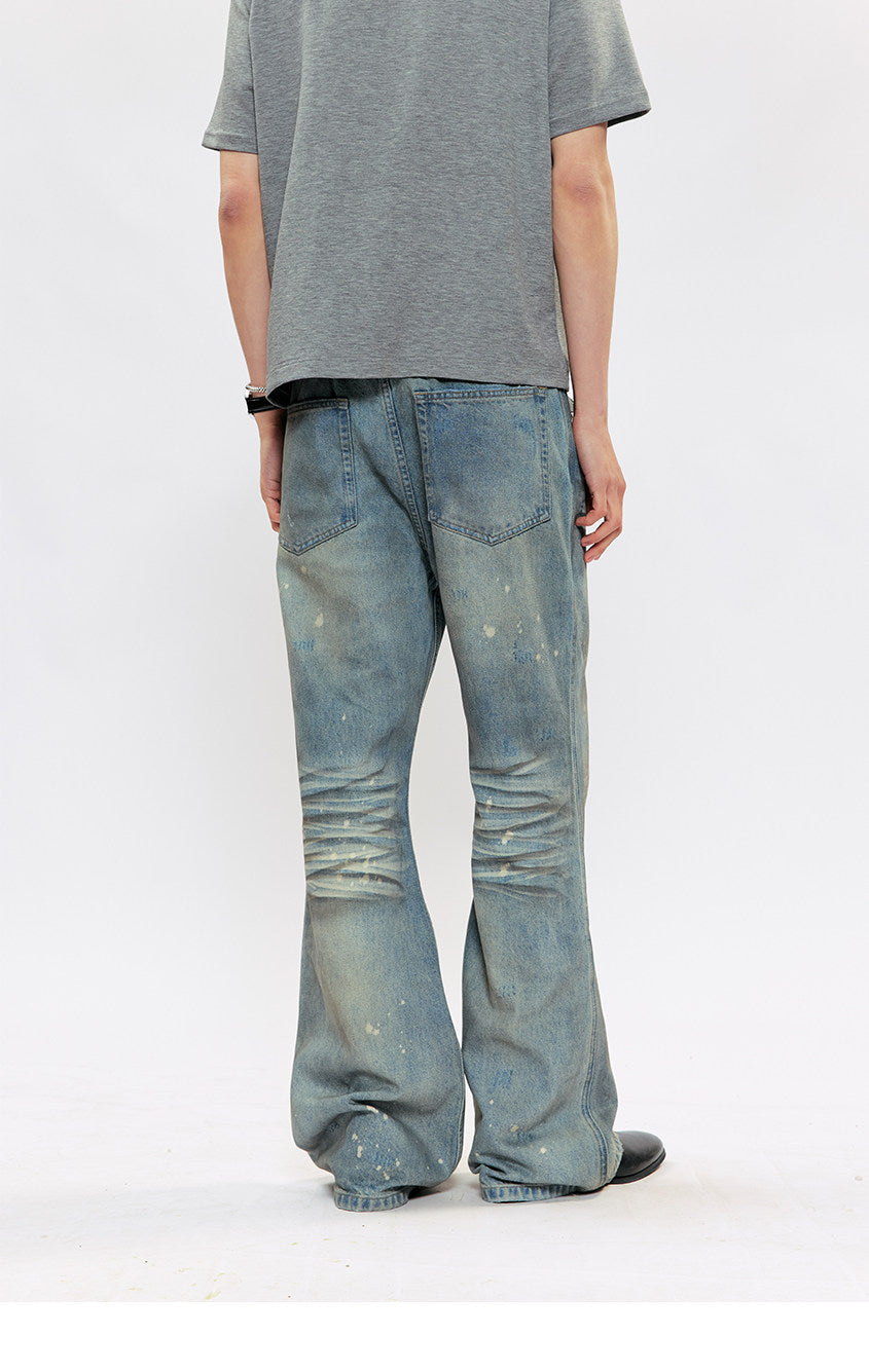 Hand-Painted Splatter-Print Flared Denim Pants