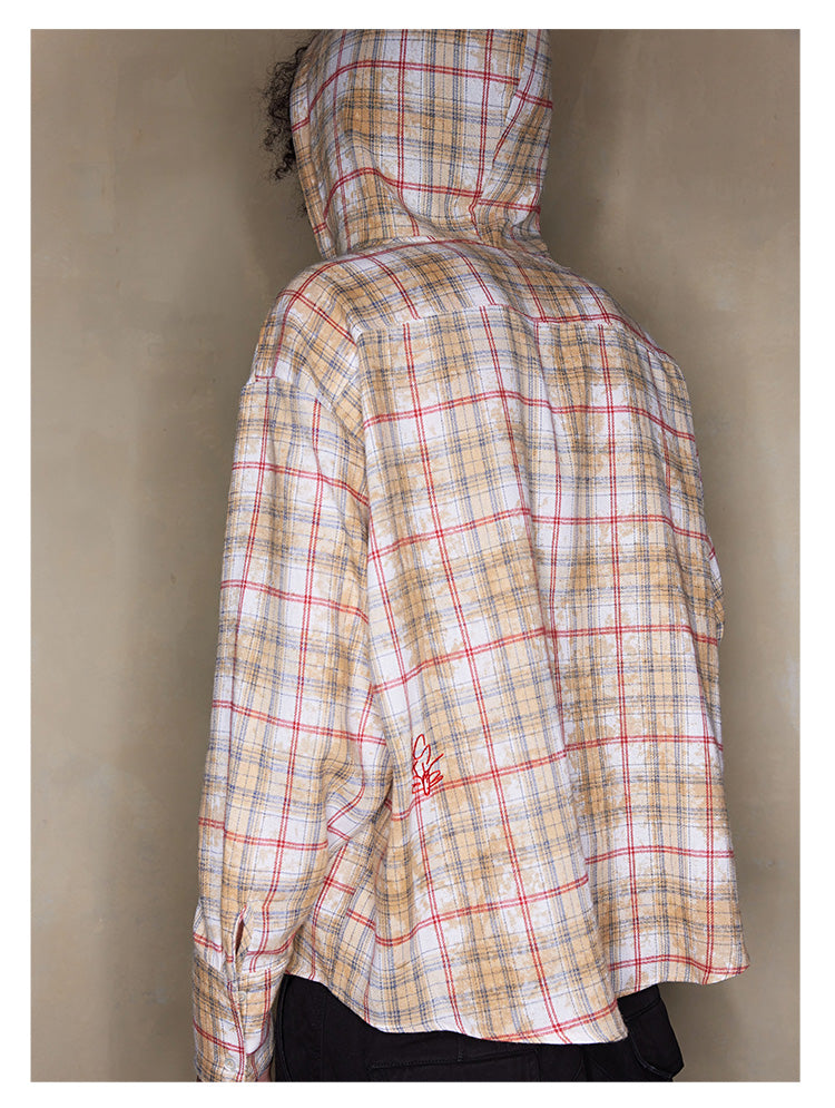 Plaid embroidered hooded shirt