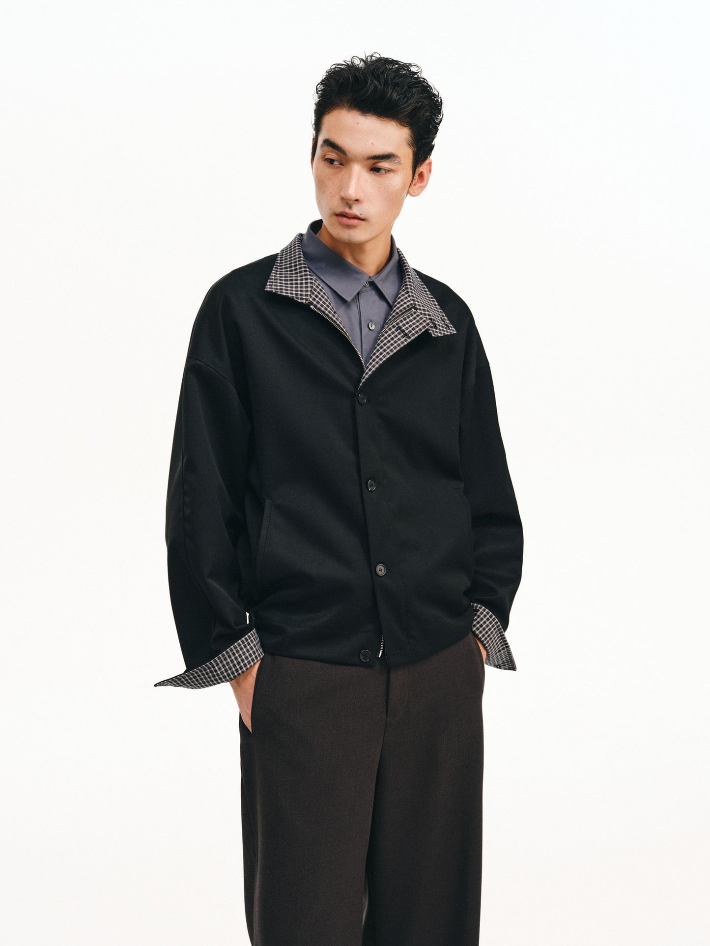 Checkered Splicing Harrington Jacket