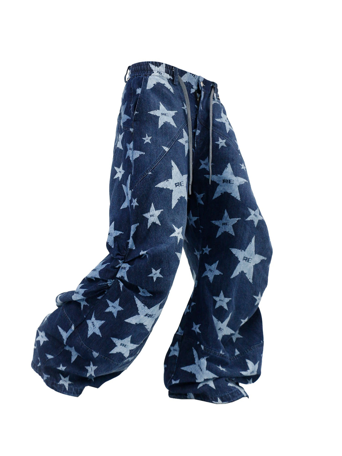 Printed Pleated Workwear Denim Wide-Leg Pants