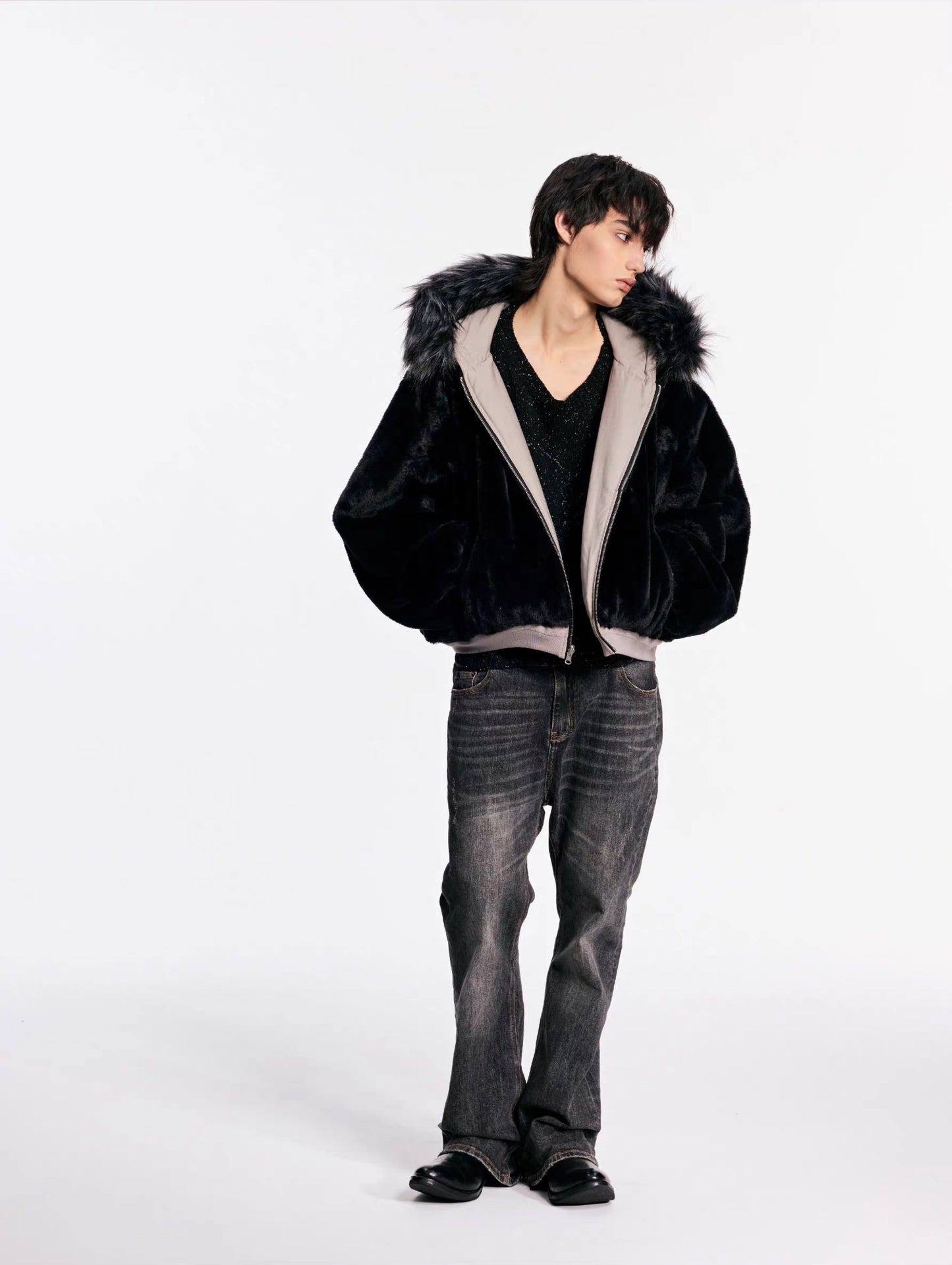 Reversible removable fur collar jacket