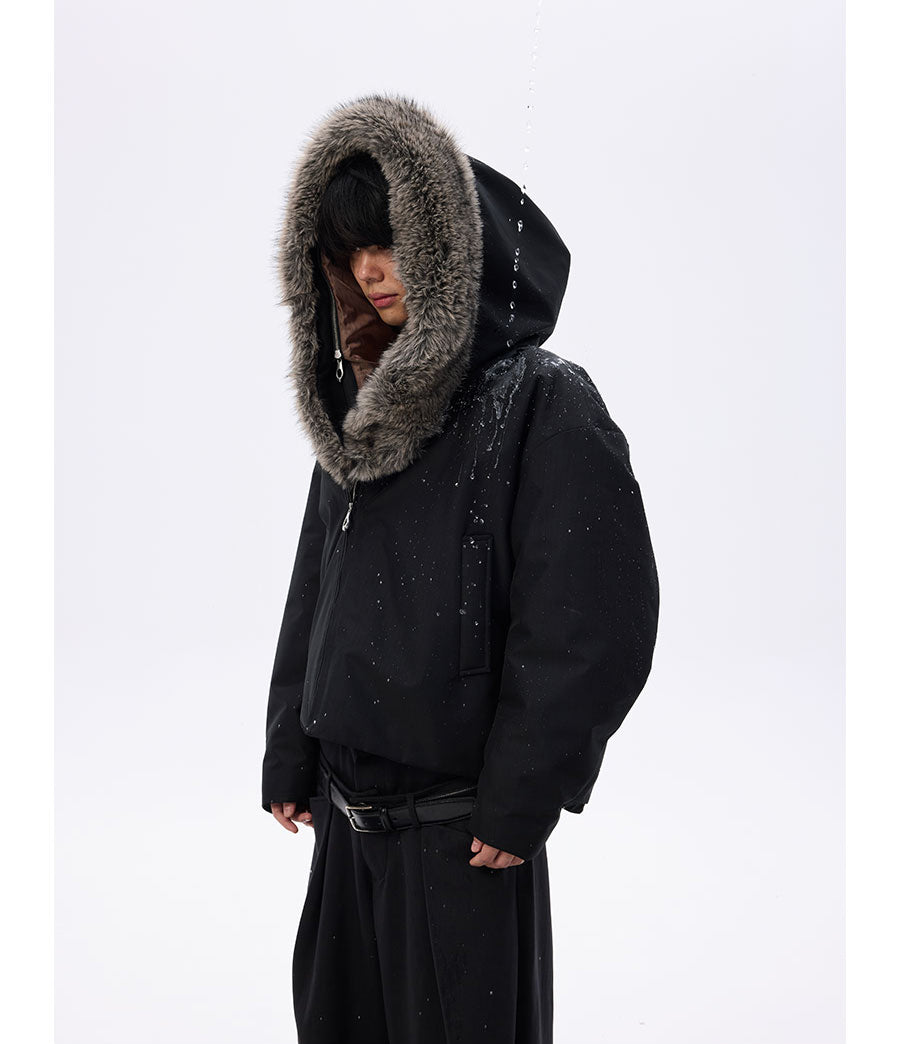 Wide cotton jacket with detachable fur collar