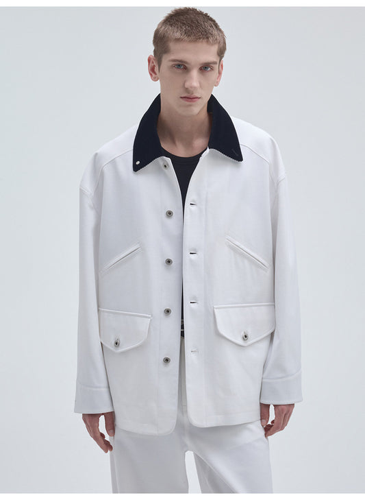 Corduroy Jacket with Collar and Multiple Pockets
