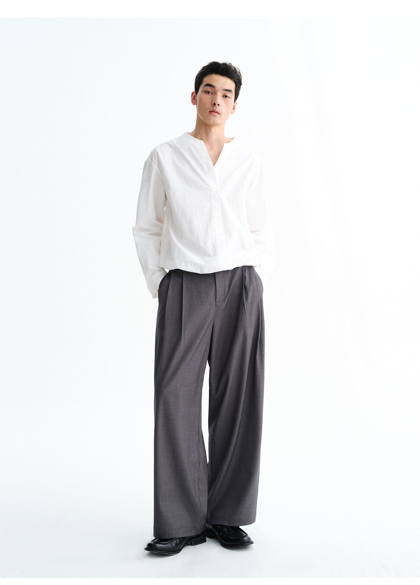 Wool Blend Double-Pleated Casual Pants