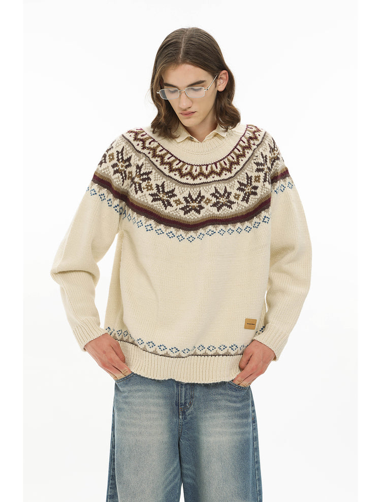 Retro Jacquard Round Neck Knit