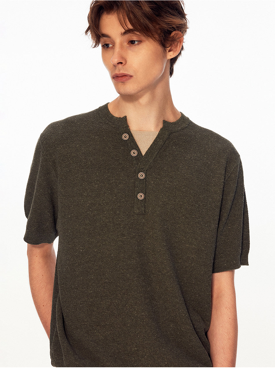 Solid-Color Faux Two-Piece Knit Shirt
