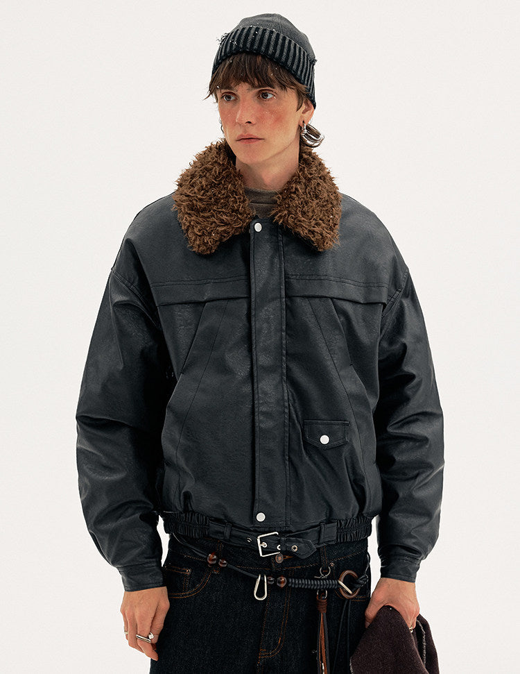 Detachable Fur Collar PU Leather Jacket