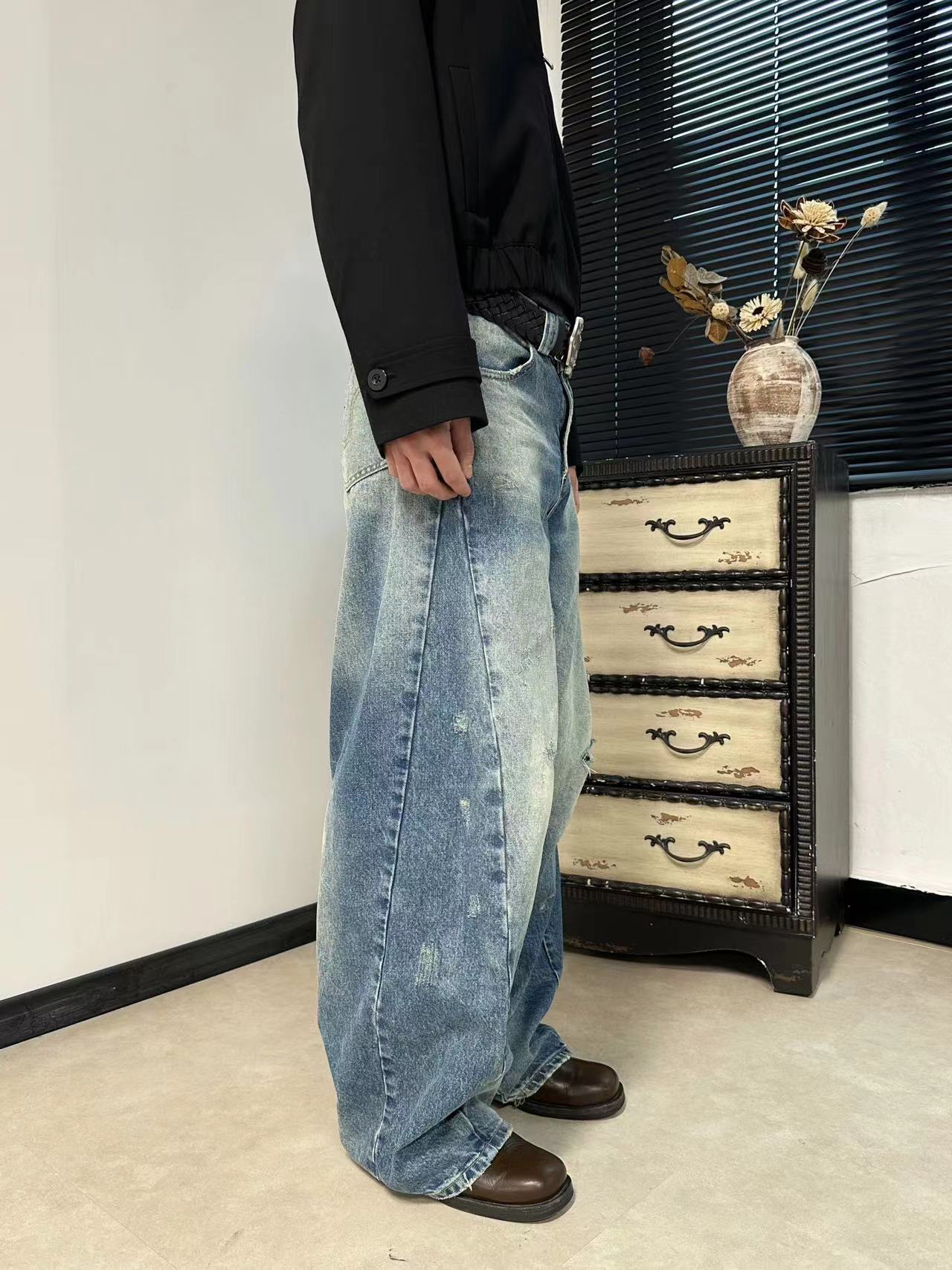 Washed and Damaged Wide Leg Jeans
