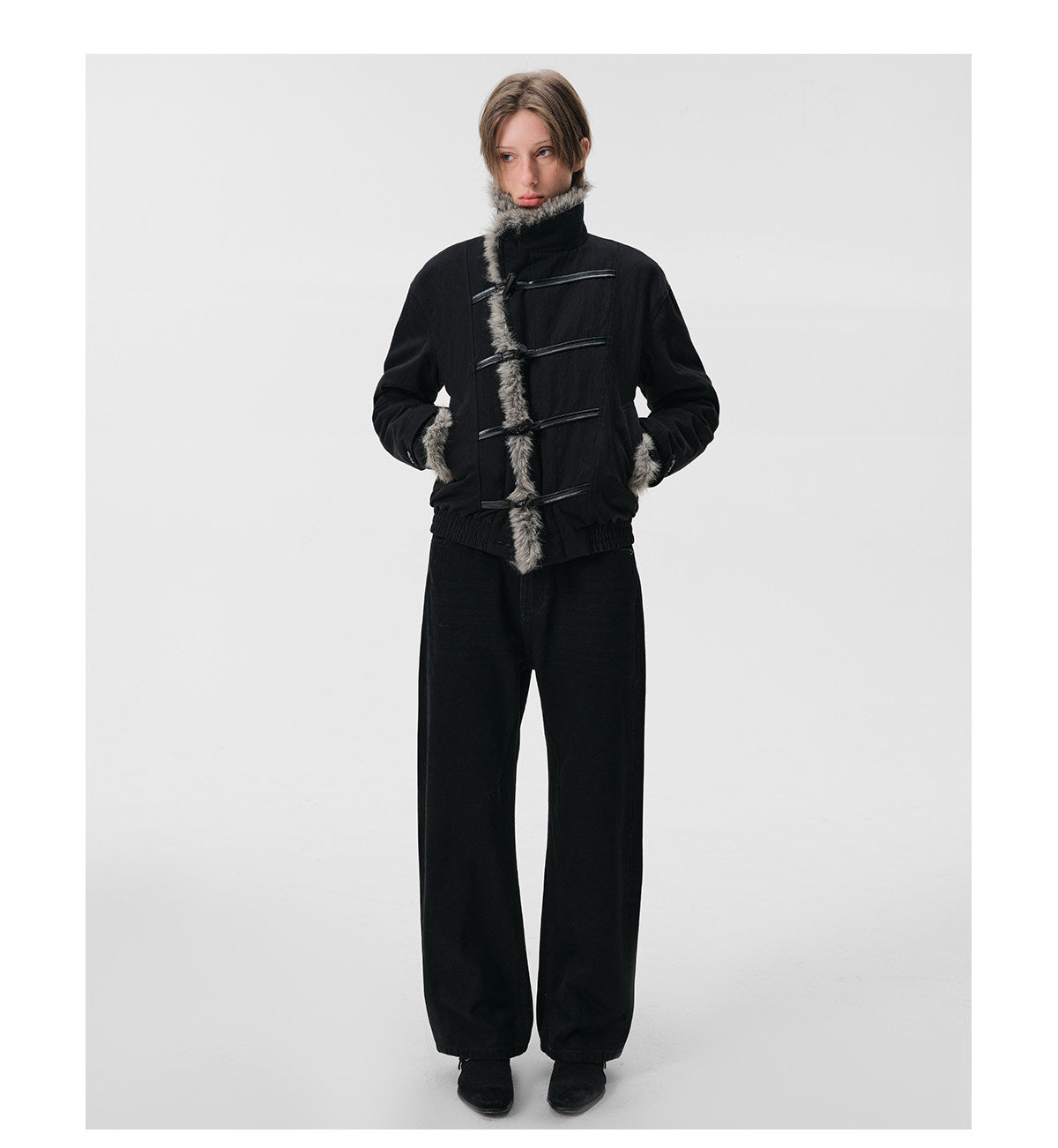 Leather-Laced Cow Horn Button Fur Jacket