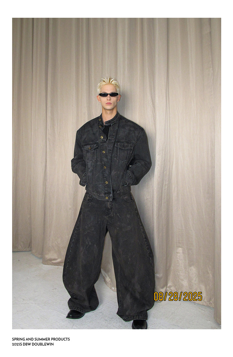 Mud-dyed distressed denim jacket set