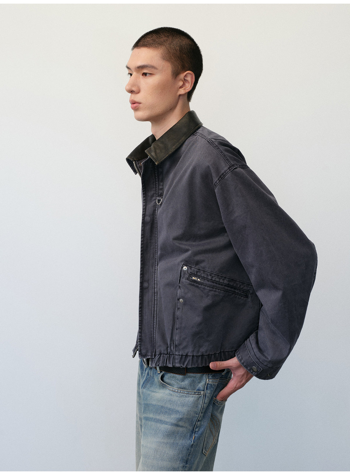 Distressed Leather Color-Block Work Jacket