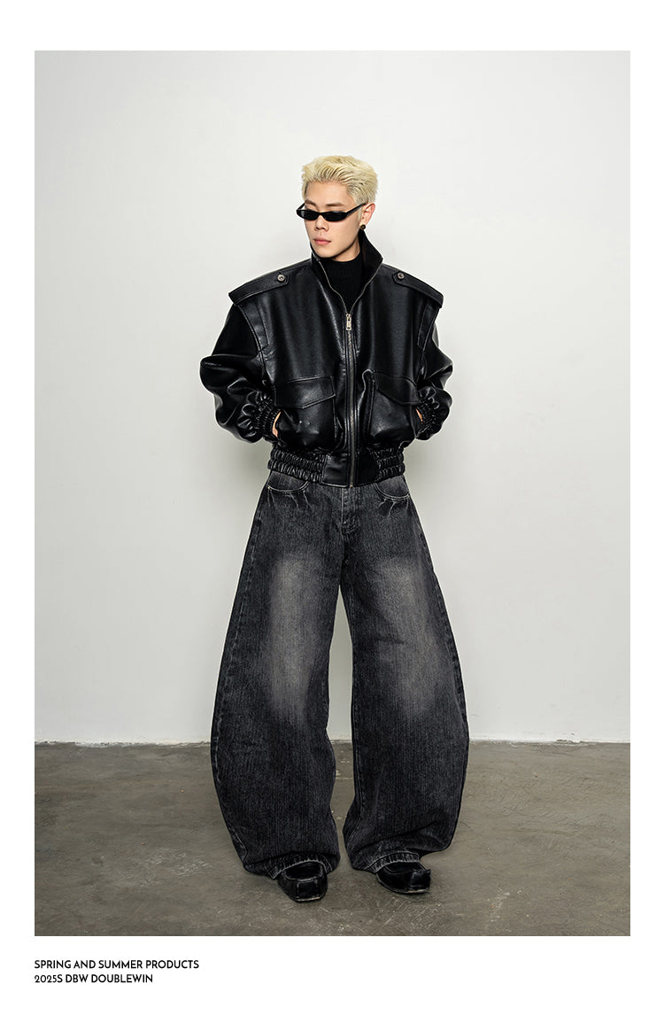 Wide-Shoulder High-Neck Leather Jacket
