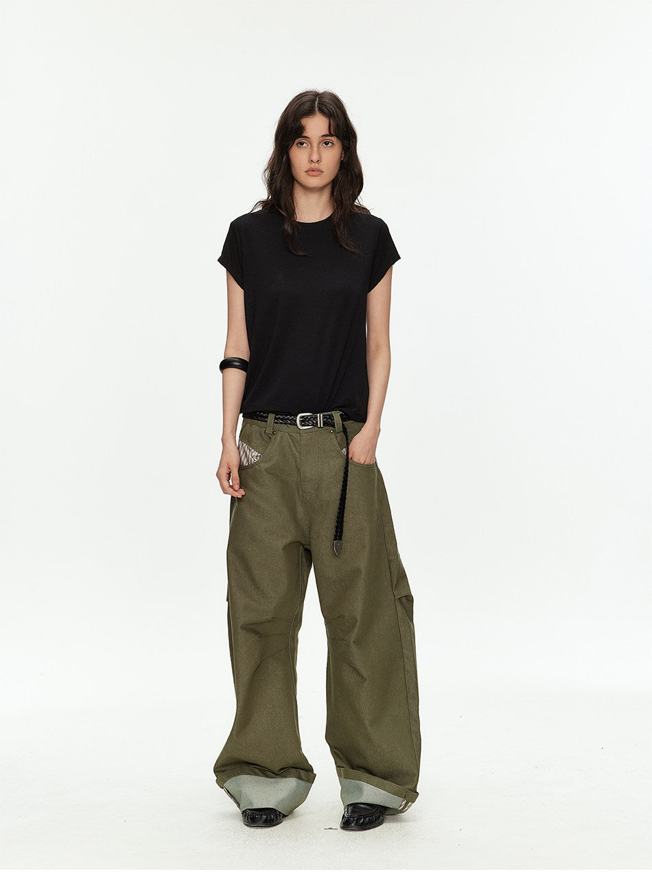 Wide-Leg Workwear Pants with Checkered Pockets