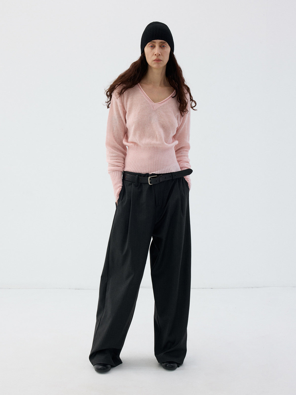 Wool Roll-Sleeve V-Neck Sweater