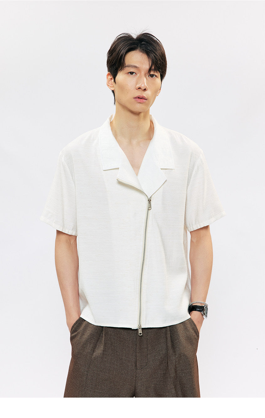 Multi-form Collar Shirt with Diagonal Zipper