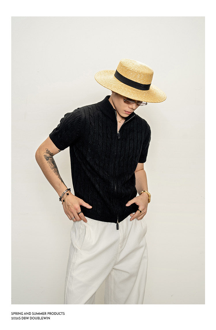 High-neck cable-knit shirt