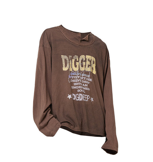 Digitally Printed Vintage-Style Double-Collar T-Shirt