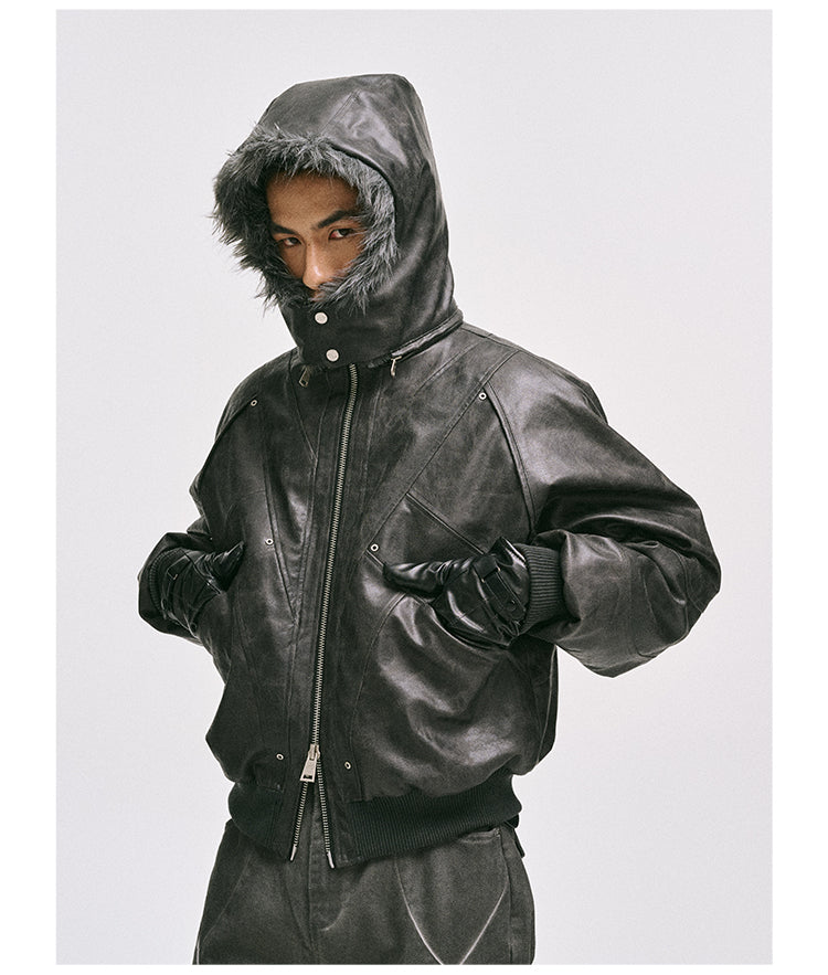 Short leather jacket with detachable hood