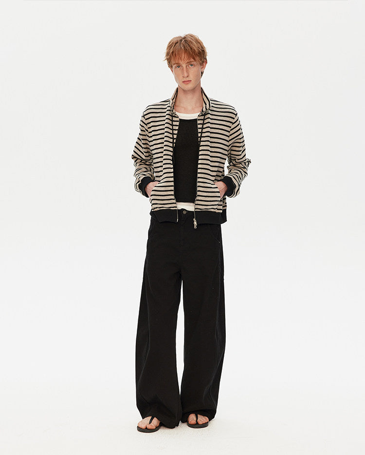 Striped Stand Collar Zipper Cardigan