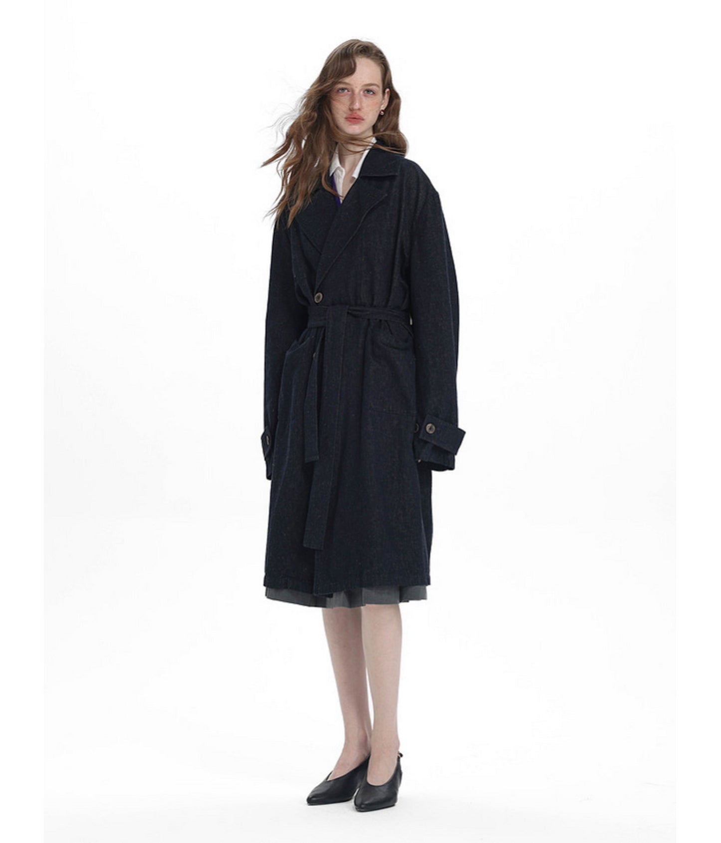 Linen-Blend Denim Trench Coat　