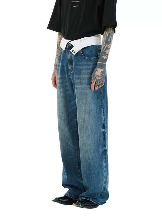 Double Waistband Washed Wide Leg Jeans