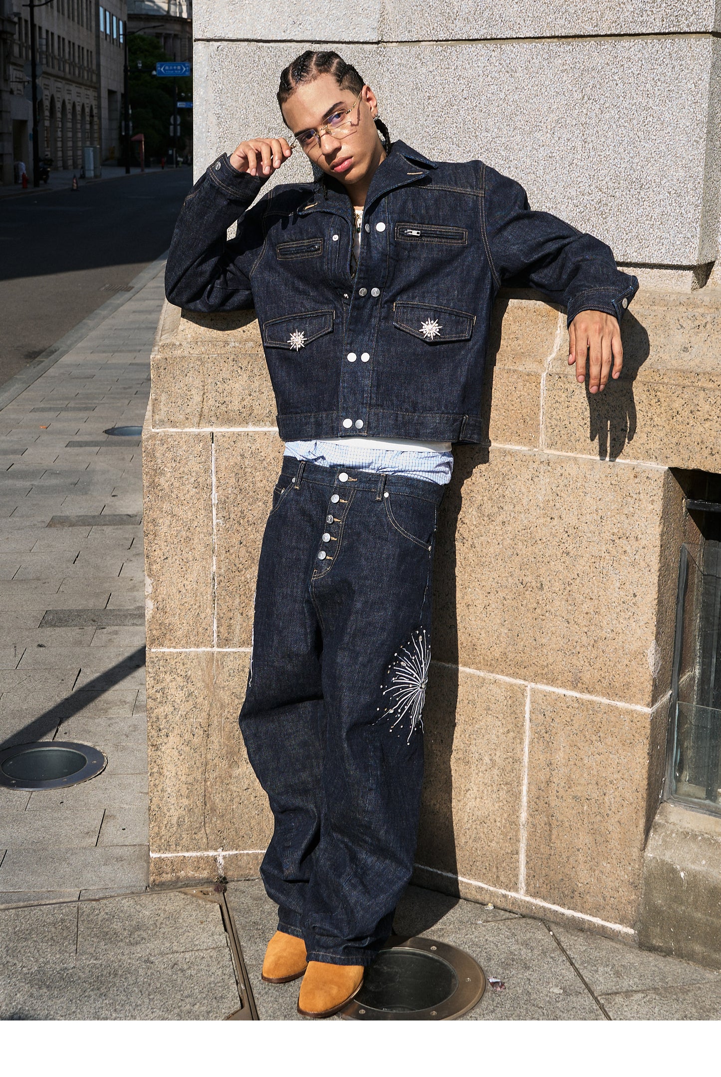 Double-breasted denim jacket