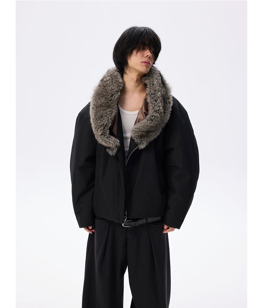 Wide cotton jacket with detachable fur collar