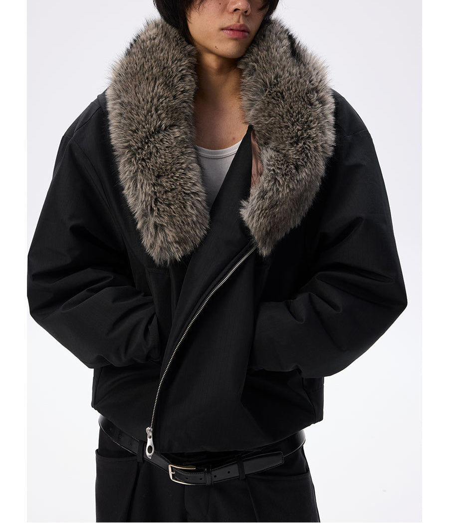 Wide cotton jacket with detachable fur collar