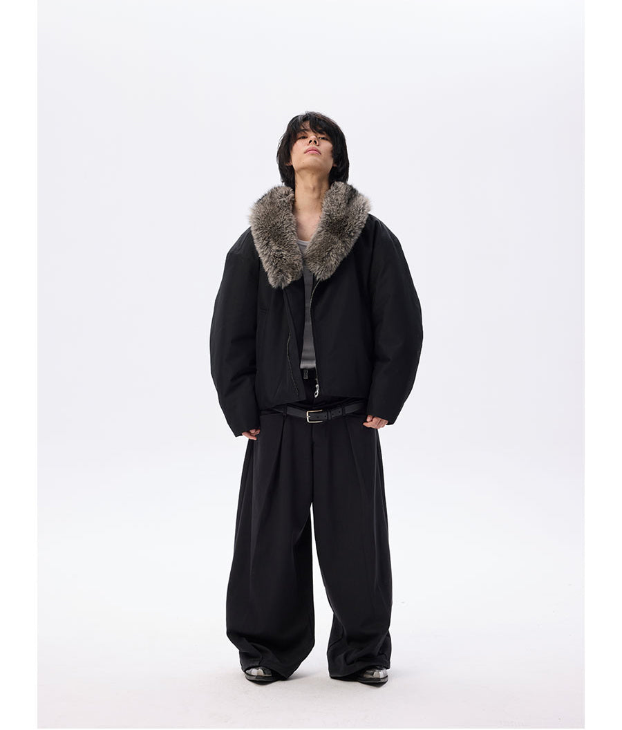 Wide cotton jacket with detachable fur collar