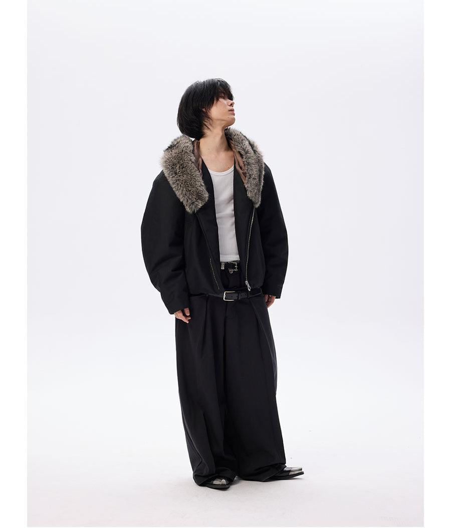 Wide cotton jacket with detachable fur collar