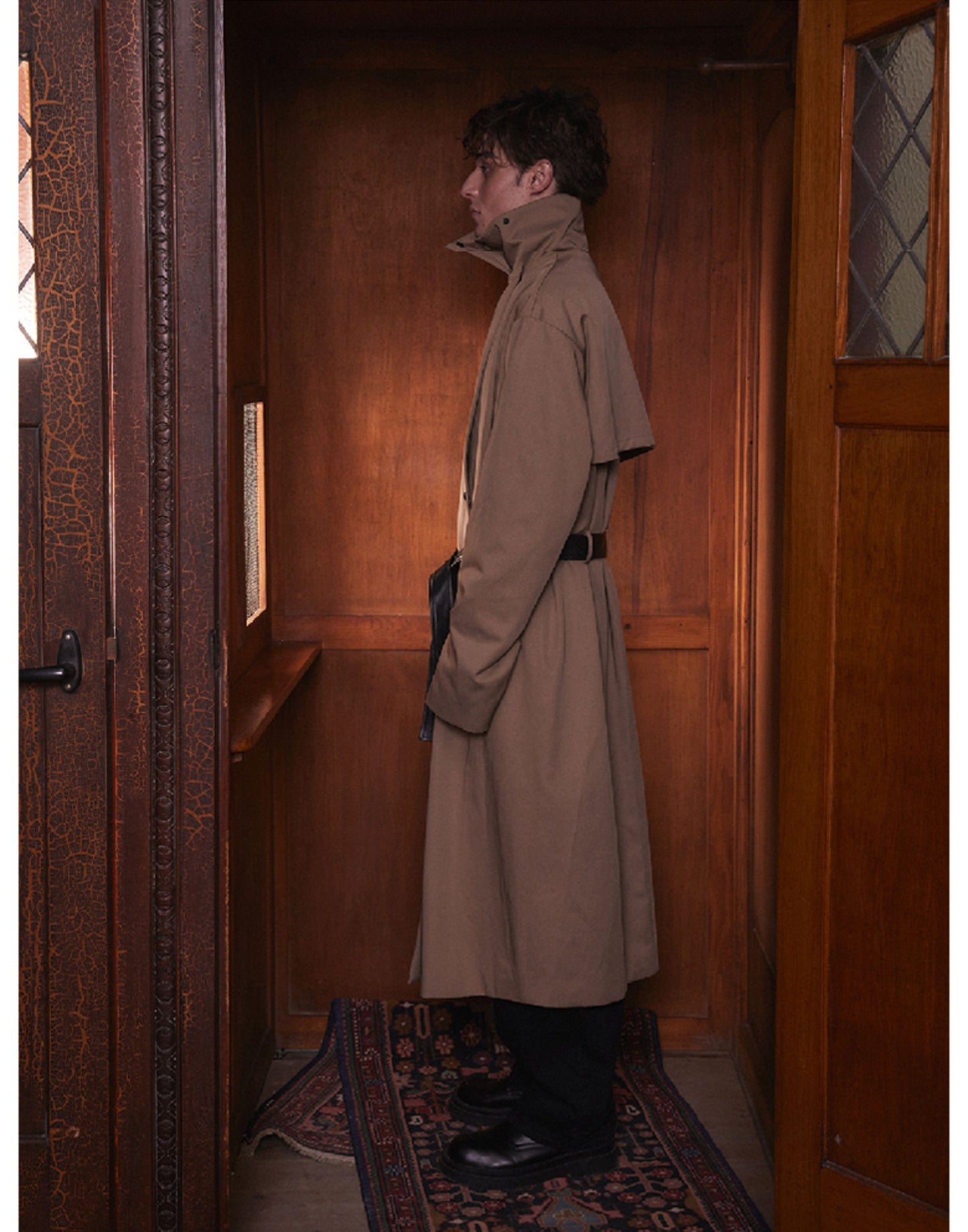 Leather hand stand collar long coat