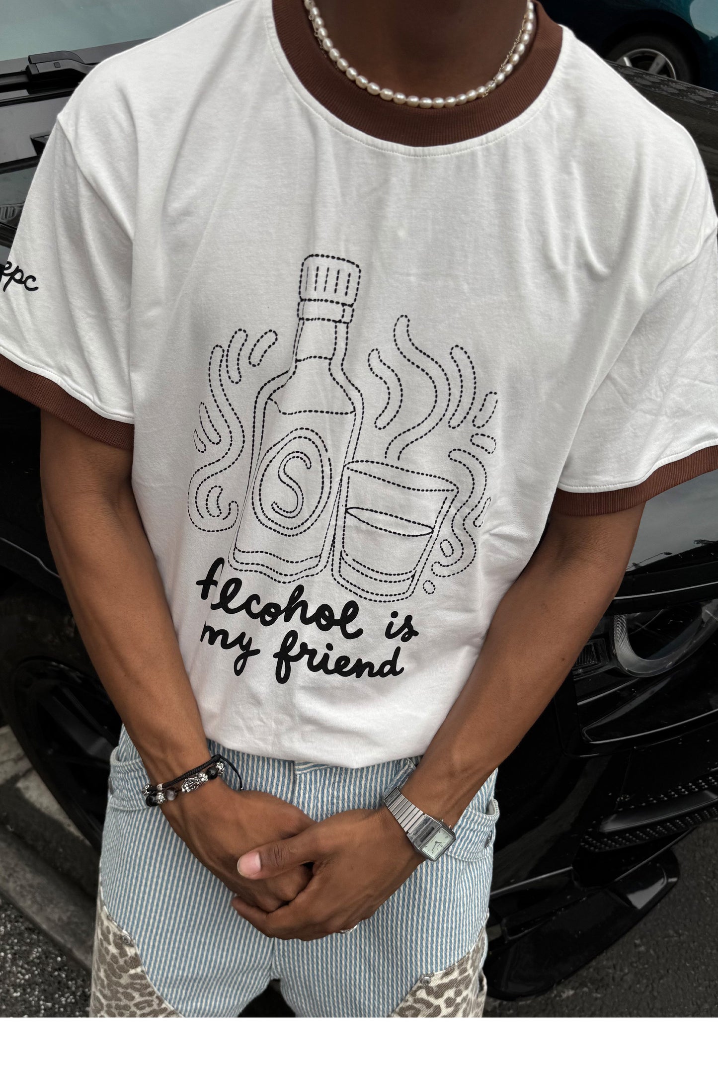 Casual Round-Neck T-Shirt with Patchwork-Print Design