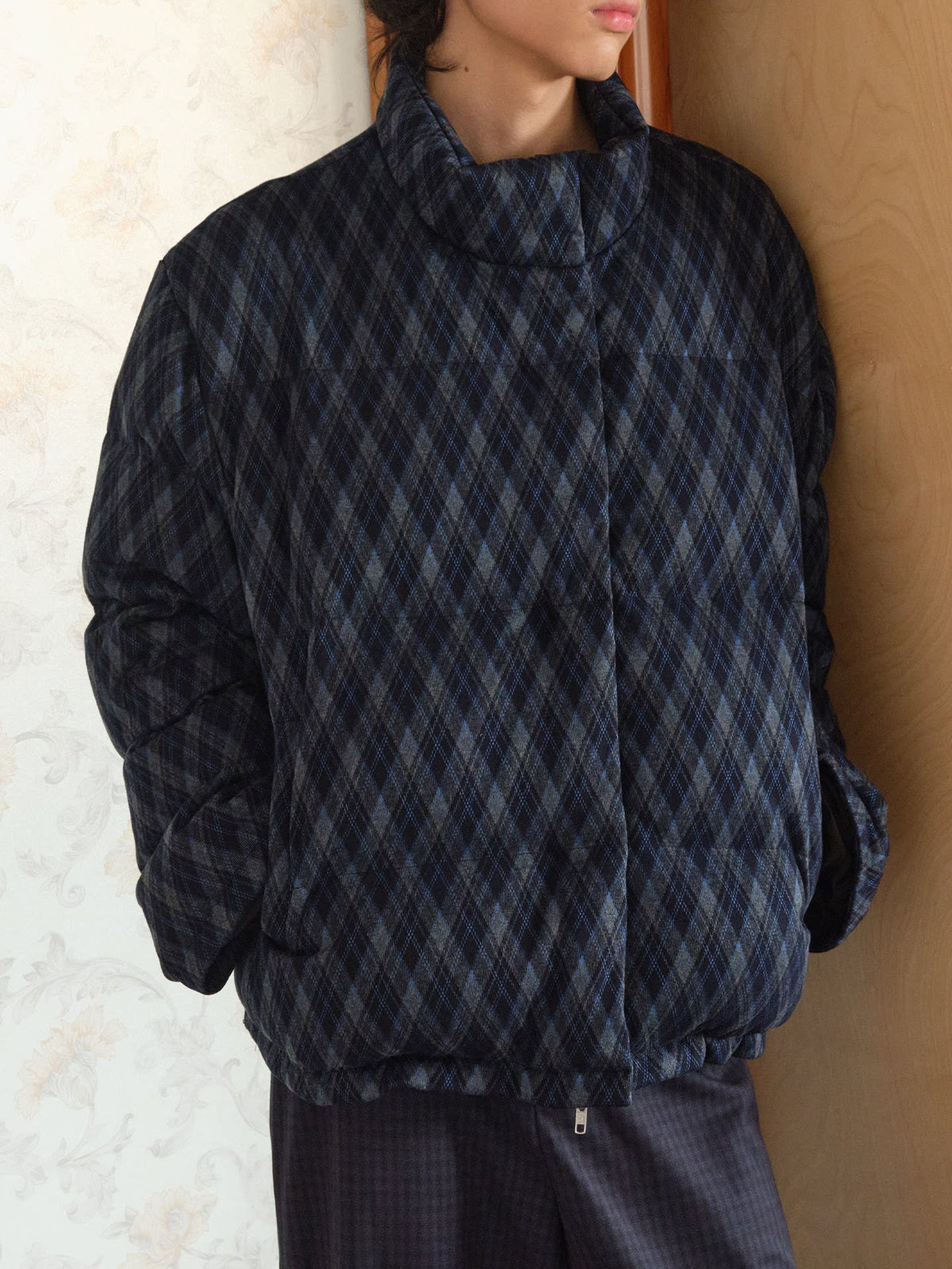 Diamond-Check Stand-Collar Down Jacket