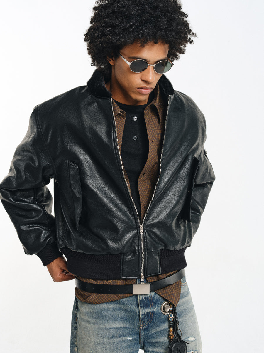 Stand collar faux leather jacket