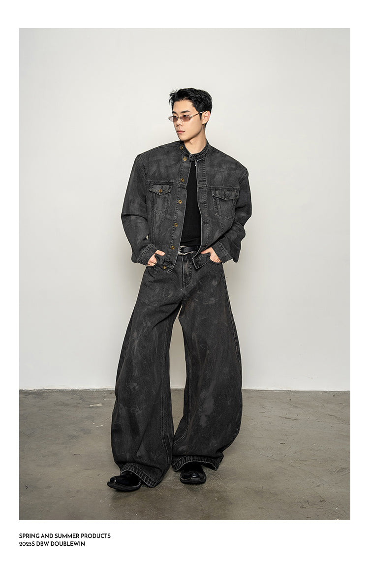 Mud-dyed distressed denim jacket set