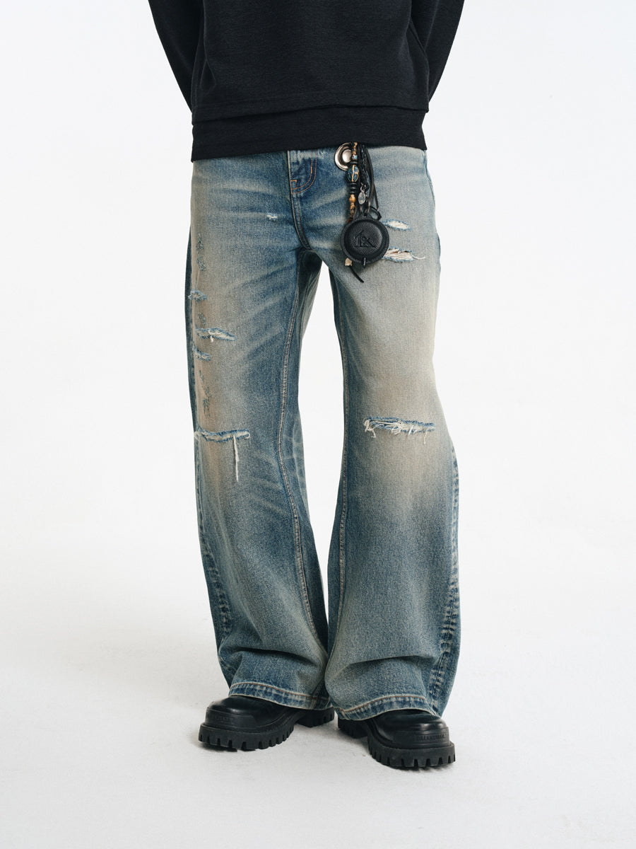 Hand Stitched Ripped Slim Straight Jeans