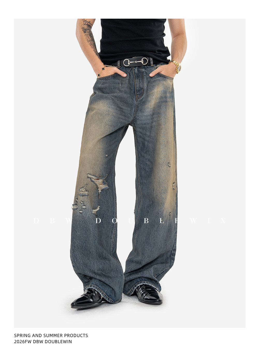 Retro Water-Washed Distressed Denim Pants