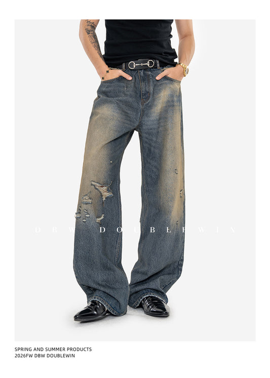 Retro Water-Washed Distressed Denim Pants