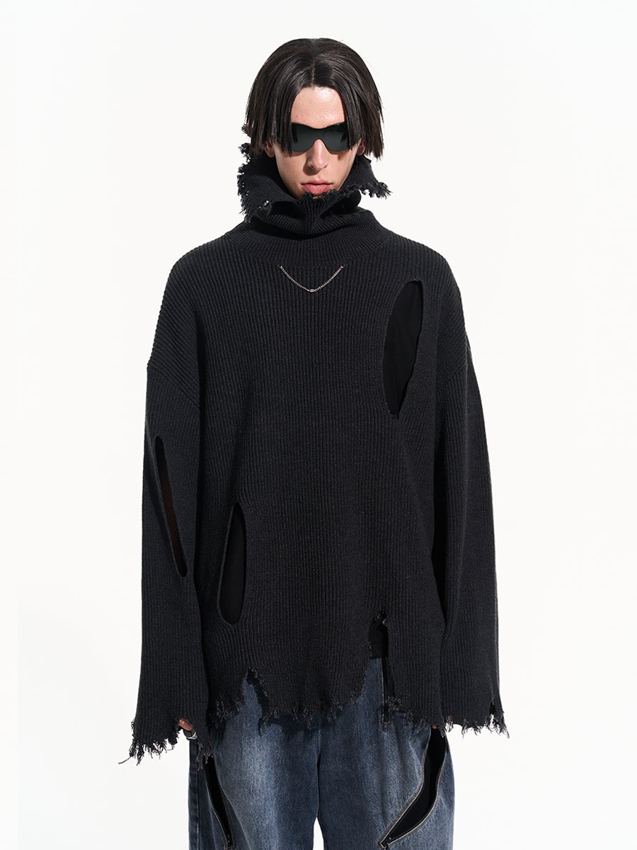 High Neck Destroyed Low Edge Knit Sweater